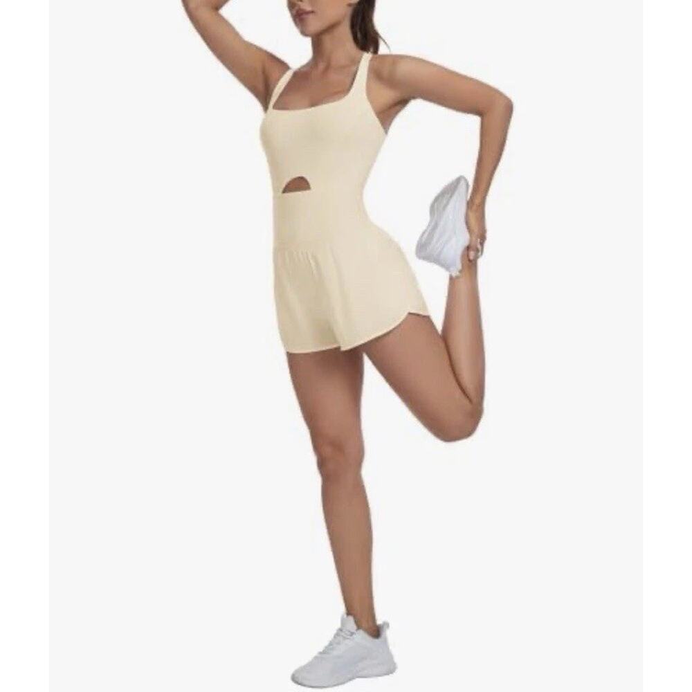 Womens Workout Romper One Piece Bodysuit Shorts Jumpsuit Gym Yoga Athletic Beige - Picture 4 of 6
